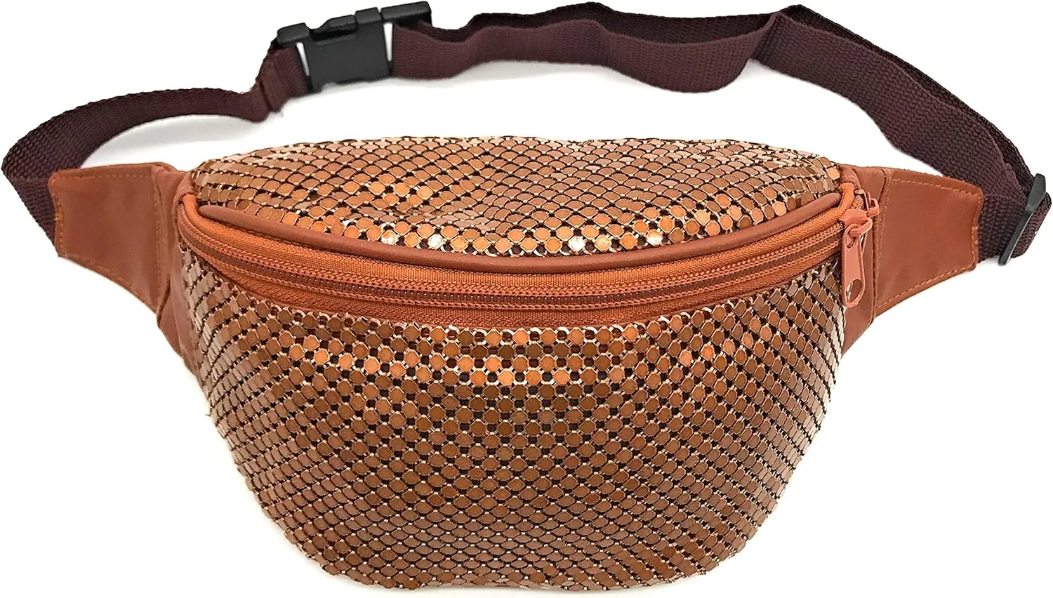 Women's Metal Mesh Fanny Pack Shiny Rave Waist Bag Adjustable Belt for Festival Party or Daily Use(Copper)