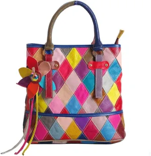 Women's Multicolor Tote Handbag Genuine Leather Color matching Design Hobo Crossbody Shoulder Purses, One Color, One Size