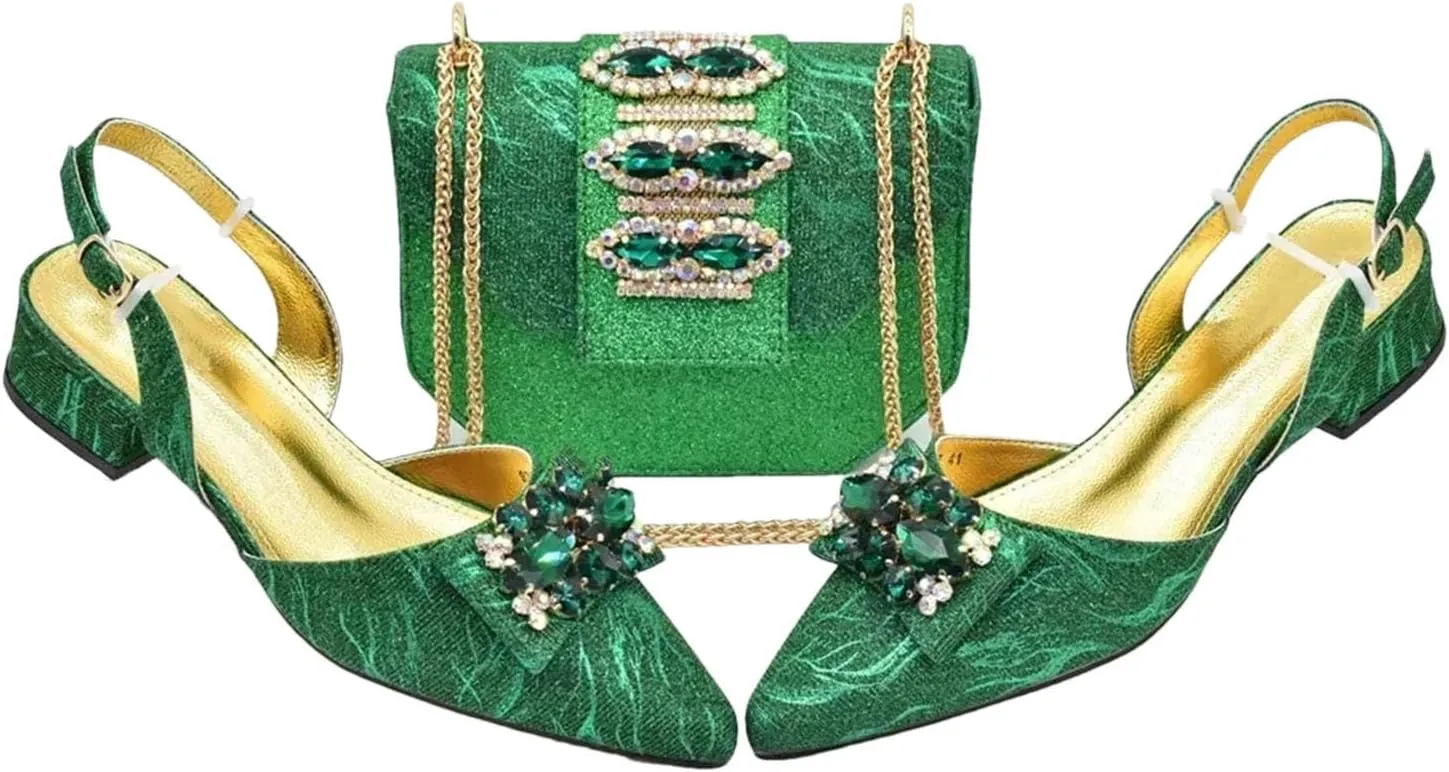 Women's Nigerian Party Shoe & Bag Set - Full Rhinestone Low Heel Pumps & Luxury Matching Clutch for Nigerian Weddings