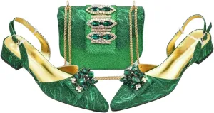 Women's Nigerian Party Shoe & Bag Set - Full Rhinestone Low Heel Pumps & Luxury Matching Clutch for Nigerian Weddings