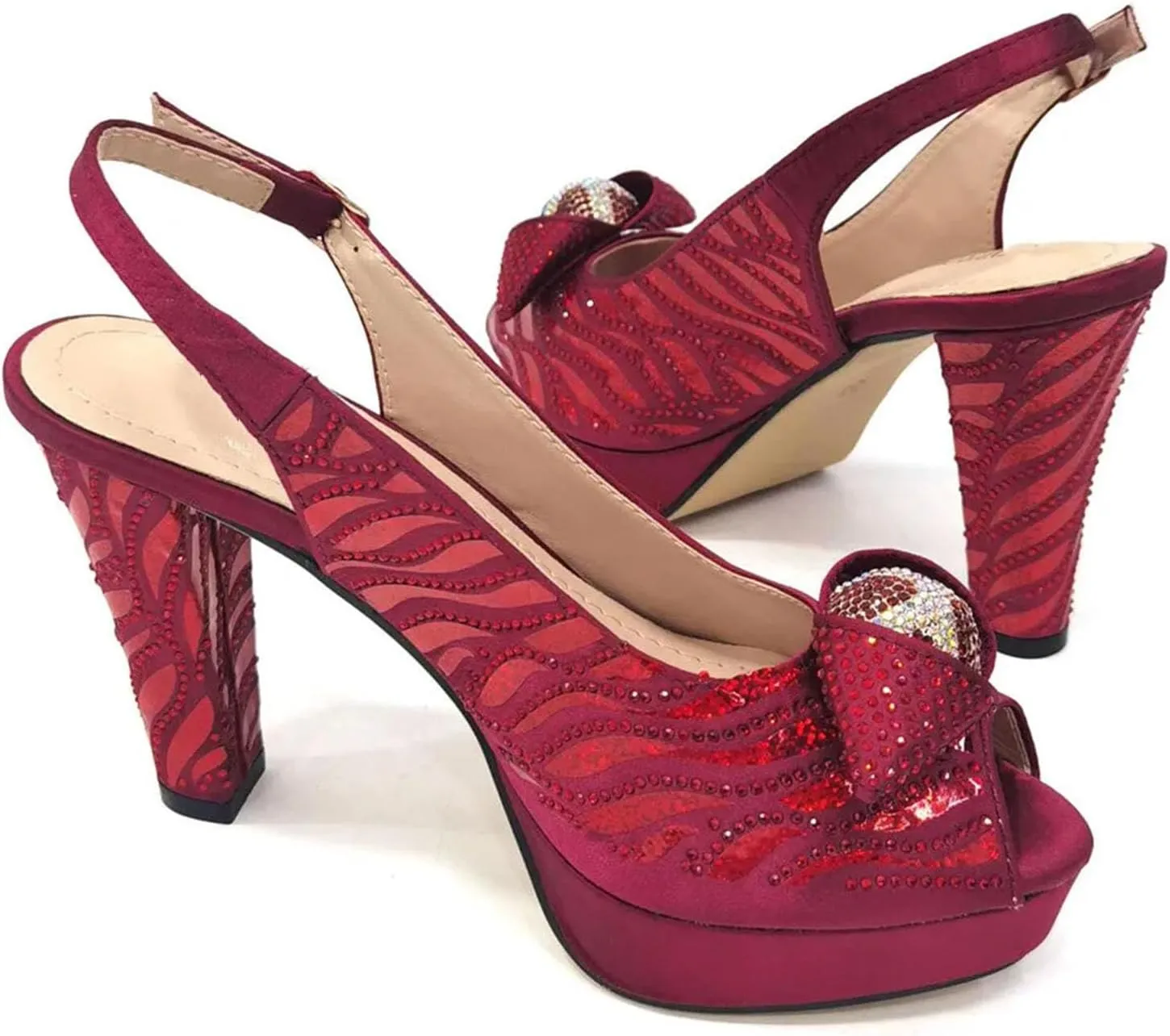 Women's Nigerian Wine Bridal Set - Italian Rhinestone Pumps & Embroidered Clutch for Traditional Celebrations