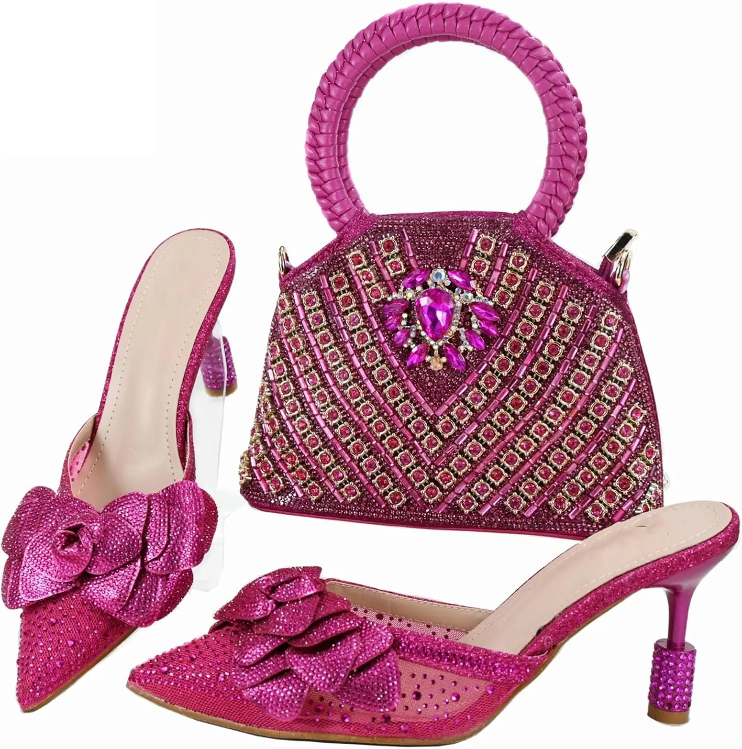 Women's Orange Italian Nigerian Slipper Set - Shiny Crystal Party Shoes