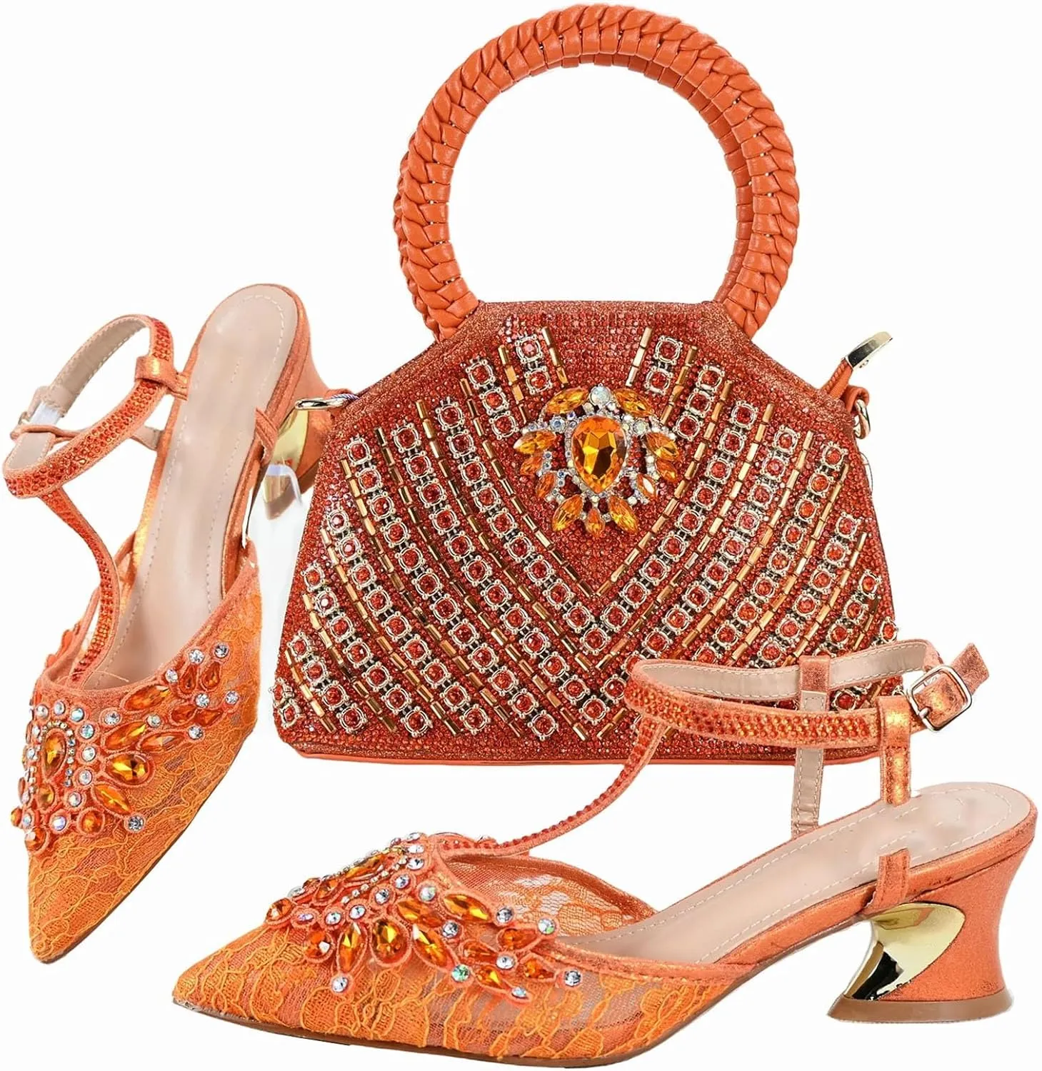 Women's Orange Italian Nigerian Slipper Set - Shiny Crystal Party Shoes