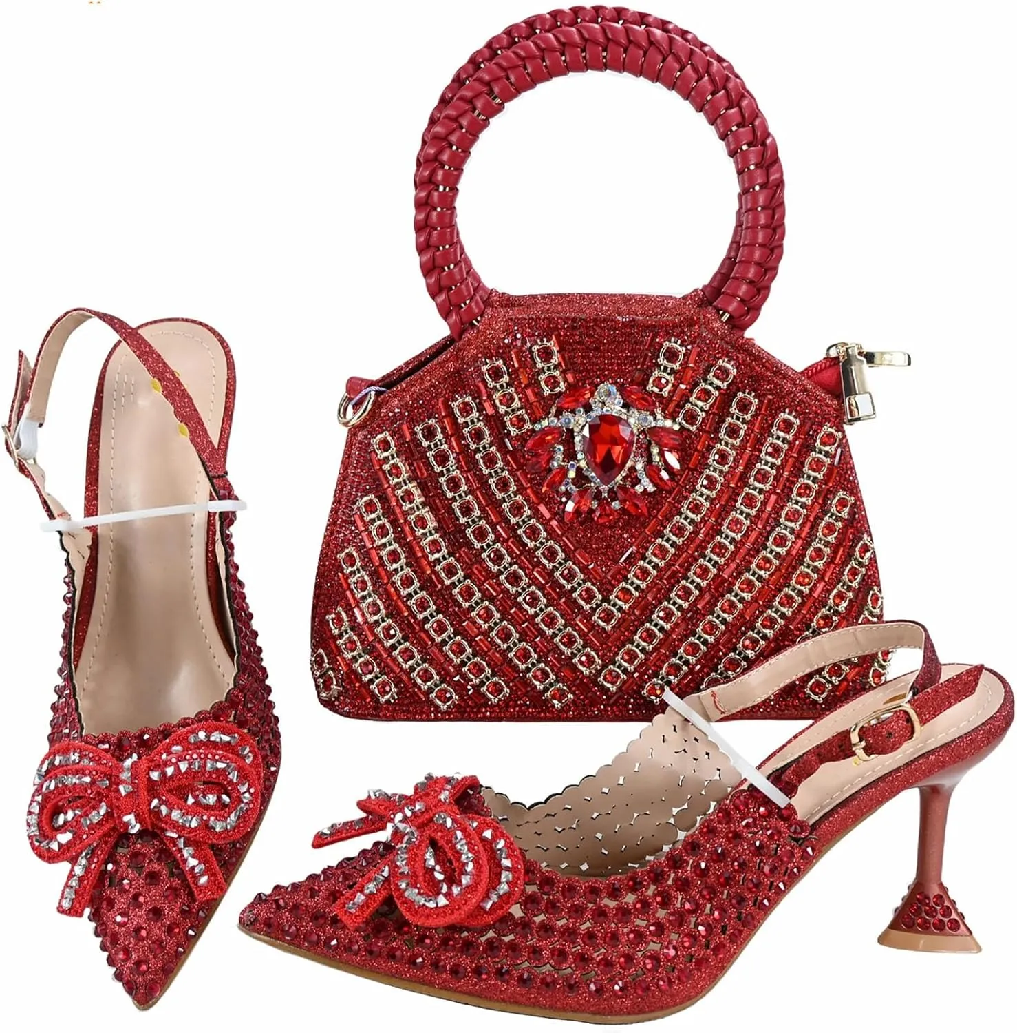 Women's Orange Italian Nigerian Slipper Set - Shiny Crystal Party Shoes