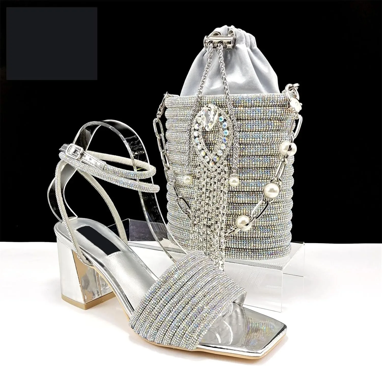 Women's Peach Square-Toe Bridal Set - Comfortable Block Heels & Embroidered Clutch for Nigerian Receptions
