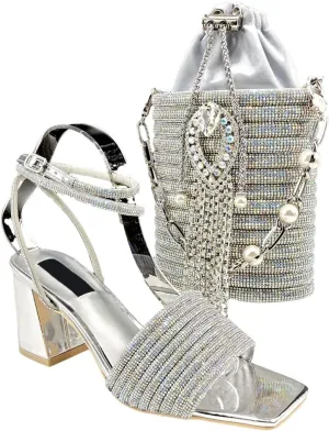 Women's Peach Square-Toe Bridal Set - Comfortable Block Heels & Embroidered Clutch for Nigerian Receptions