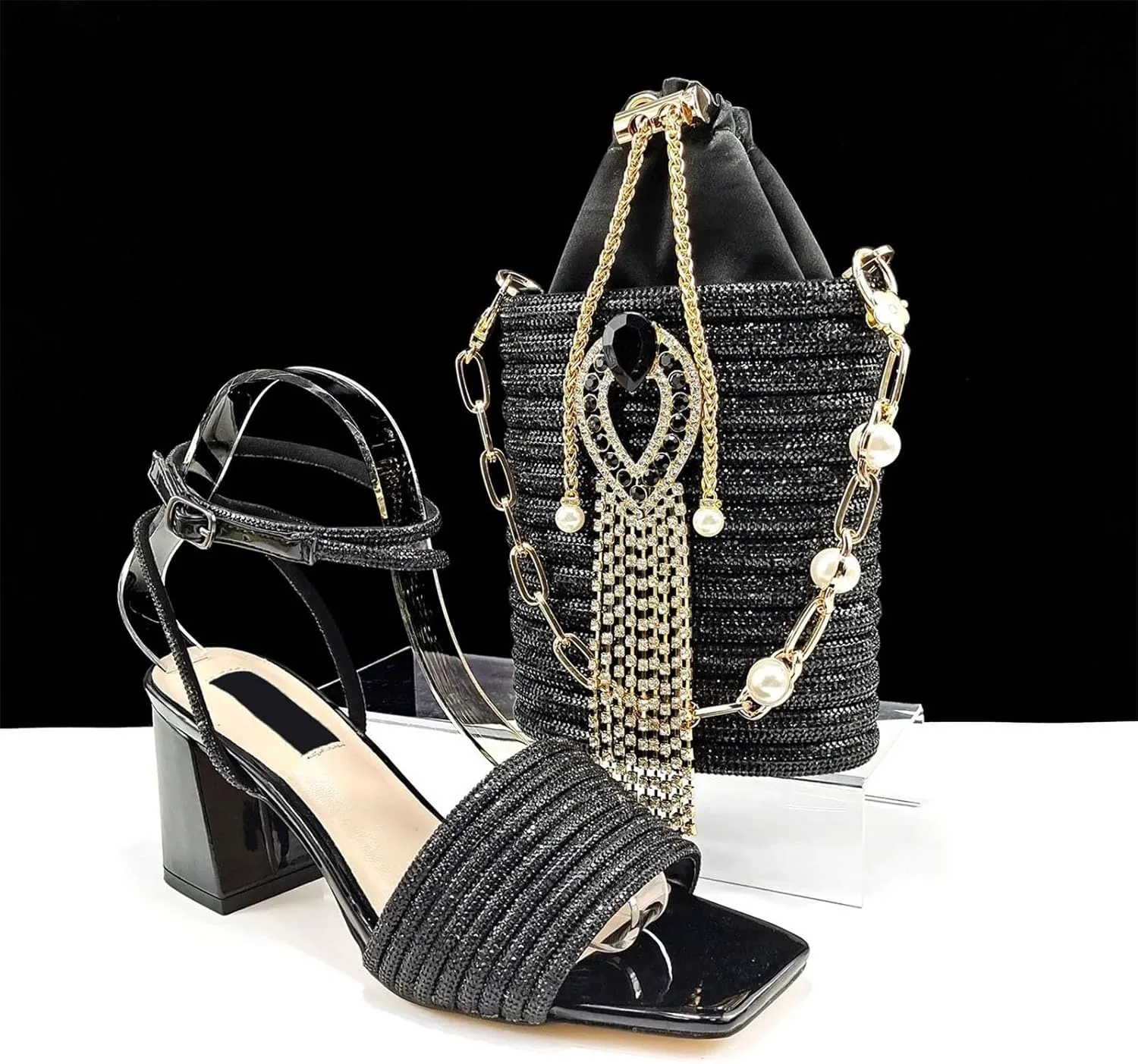 Women's Peach Square-Toe Bridal Set - Comfortable Block Heels & Embroidered Clutch for Nigerian Receptions