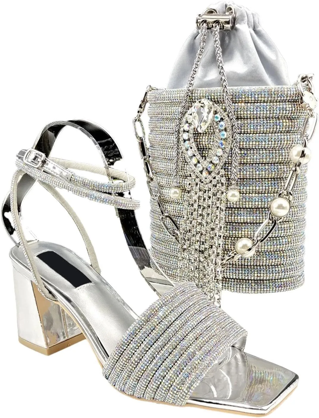 Women's Peach Square-Toe Bridal Set - Comfortable Block Heels & Embroidered Clutch for Nigerian Receptions