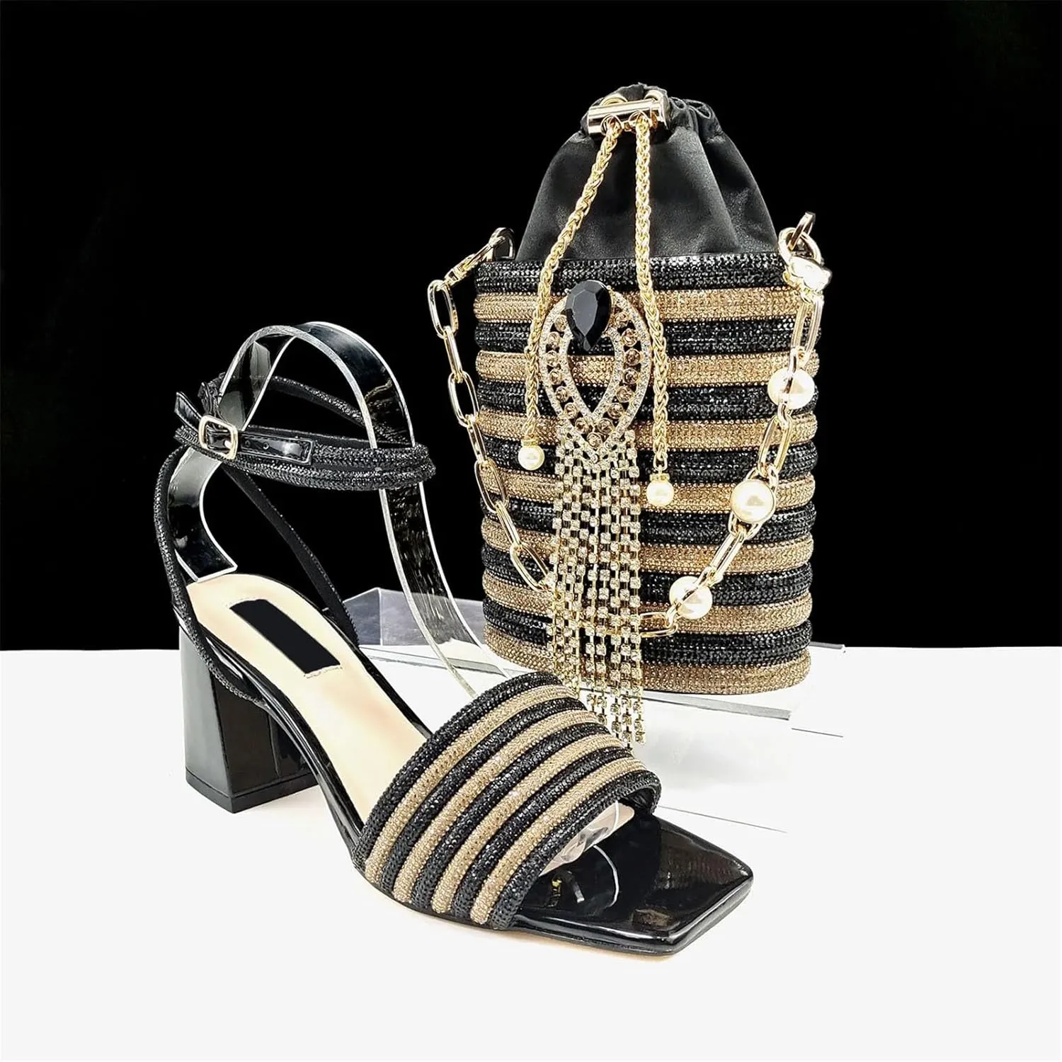 Women's Peach Square-Toe Bridal Set - Comfortable Block Heels & Embroidered Clutch for Nigerian Receptions