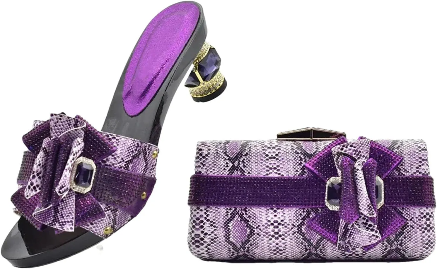 Women's Plus Size Italian Bridal Essentials - Wide-Fit Rhinestone Kitten Heels & Embroidered Velvet Clutch for Evening Galas