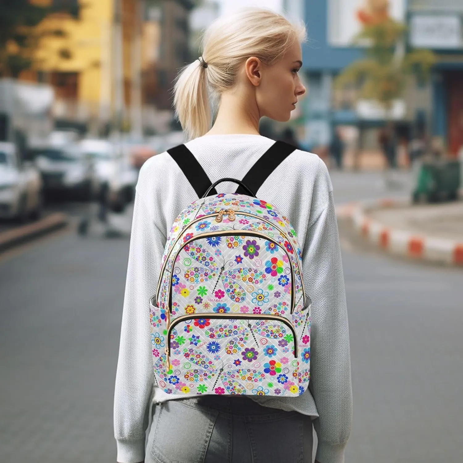Women's Quilted Small Backpack Floral Dragonfly Mini Backpack Purse for Women College Travel Daypack