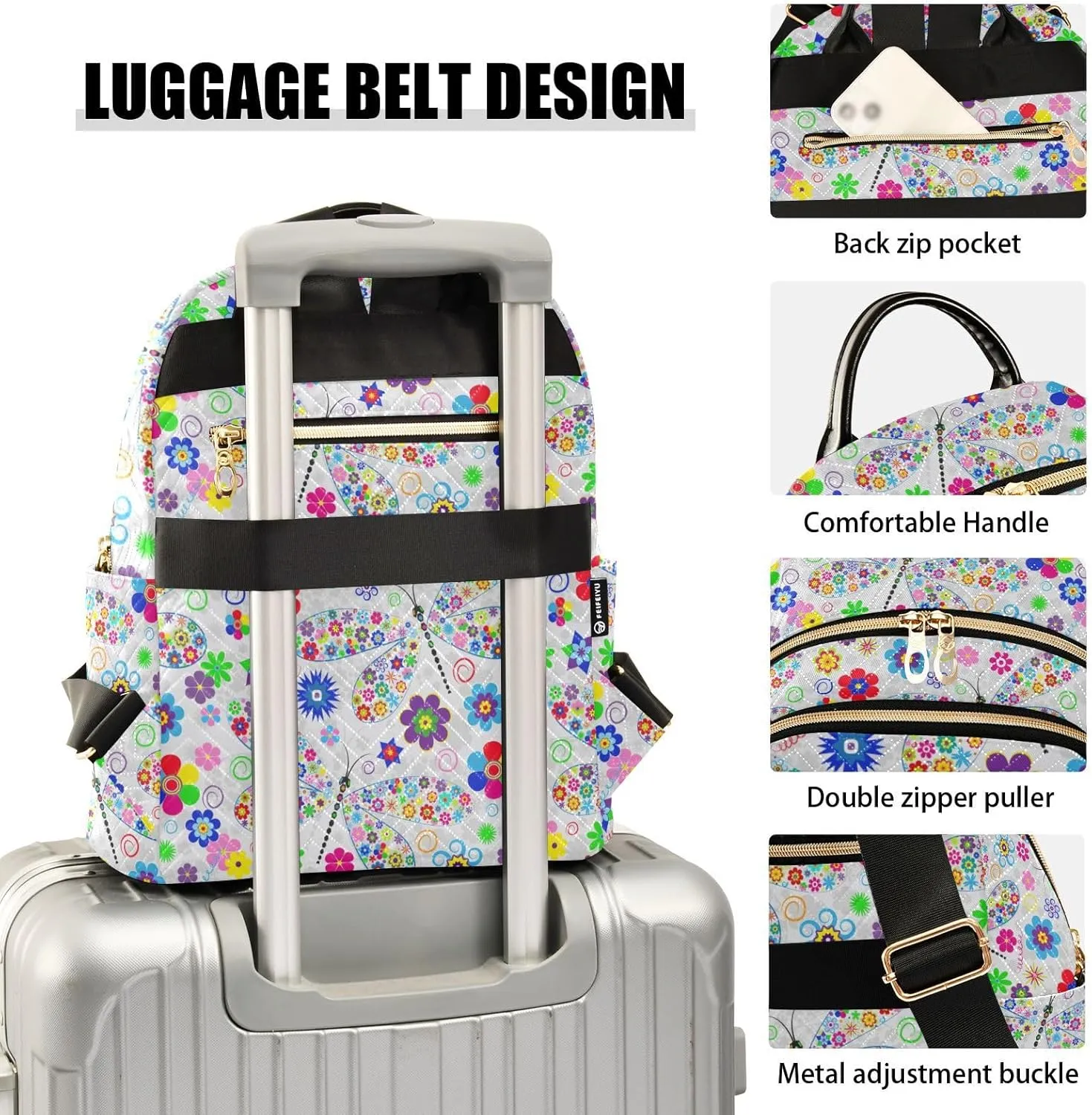Women's Quilted Small Backpack Floral Dragonfly Mini Backpack Purse for Women College Travel Daypack