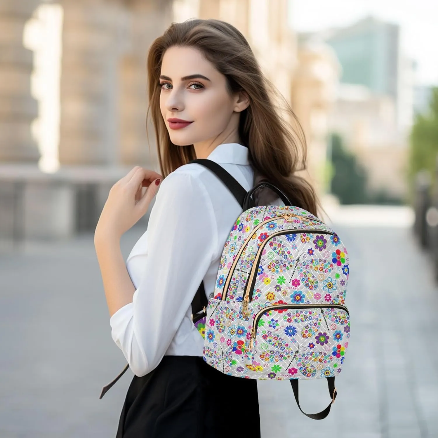 Women's Quilted Small Backpack Floral Dragonfly Mini Backpack Purse for Women College Travel Daypack