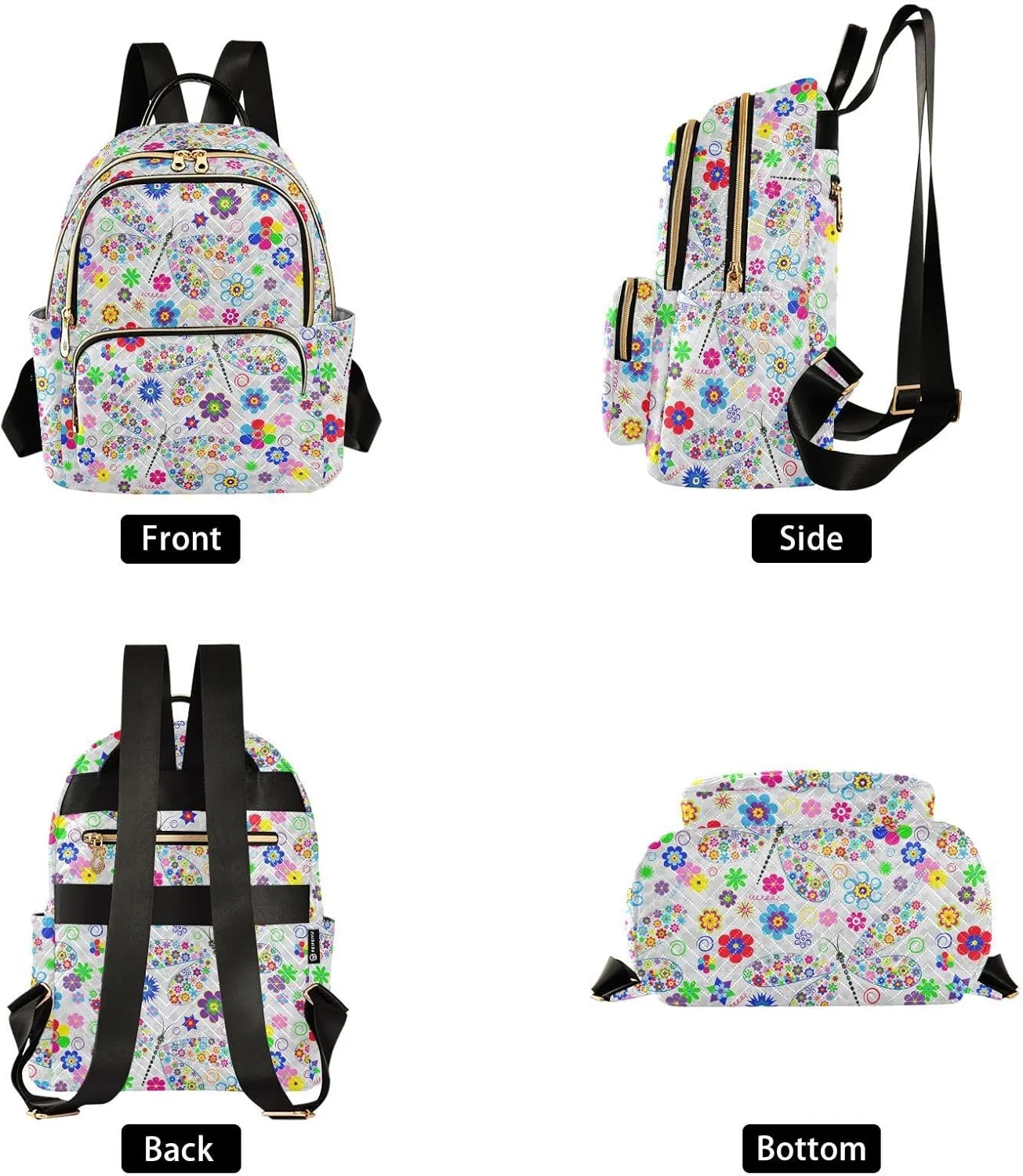 Women's Quilted Small Backpack Floral Dragonfly Mini Backpack Purse for Women College Travel Daypack