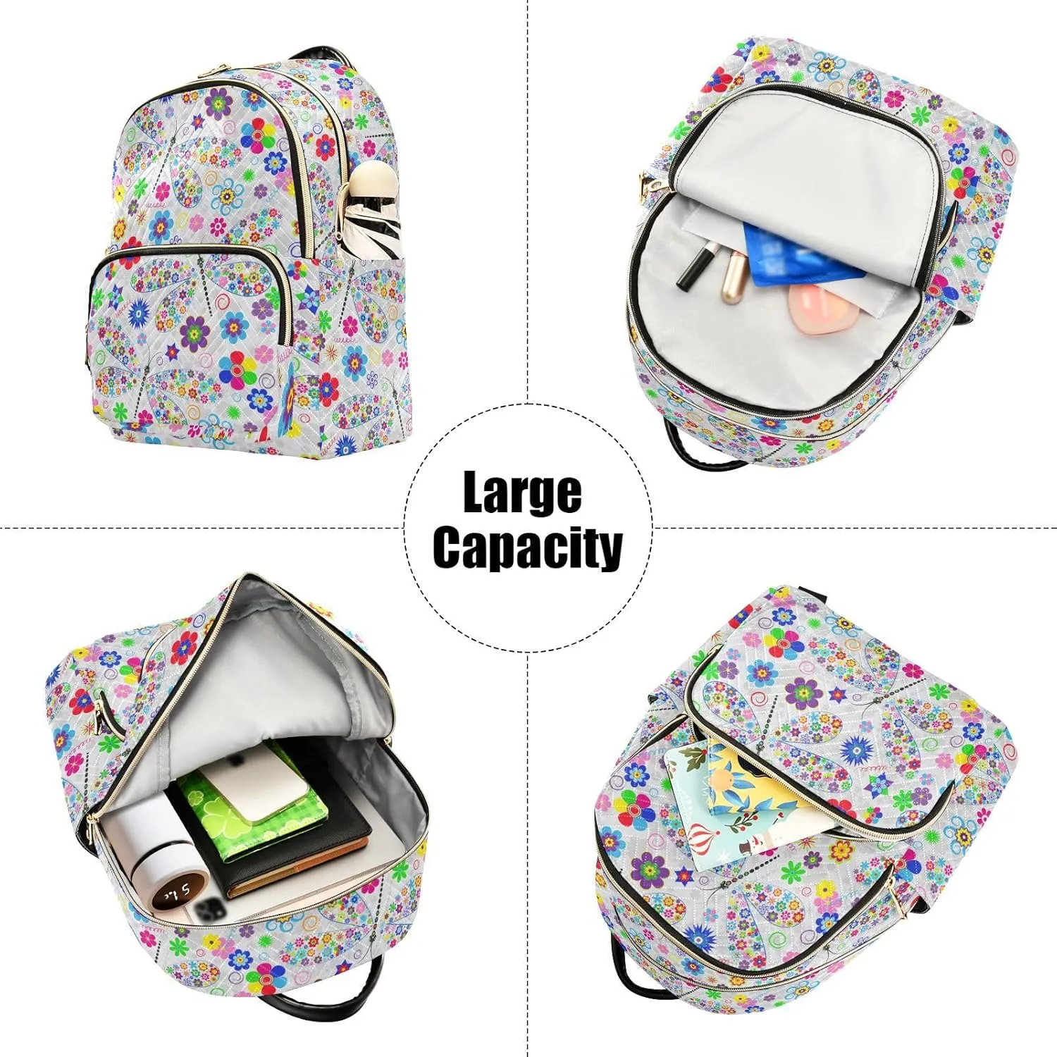 Women's Quilted Small Backpack Floral Dragonfly Mini Backpack Purse for Women College Travel Daypack