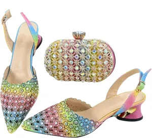 Women's Rainbow Crystal Pointed Toe Shoes & Clutch - Trendy Banquet Set