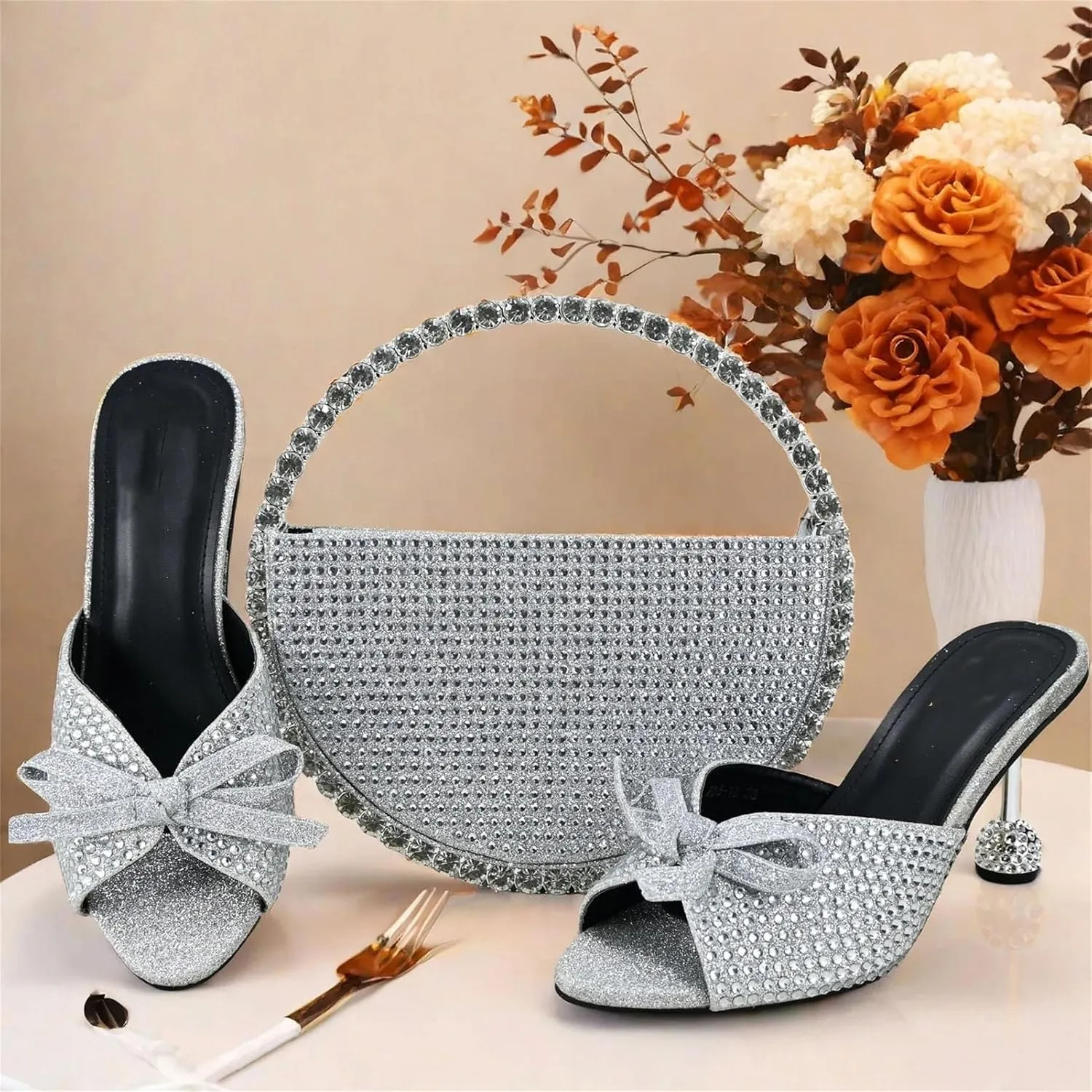 Women's Silver Crystal Party Set - Italian Hollow Heel Sandals & Mirror-Finish Clutch for Evening Glamour