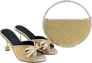 Women's Silver Crystal Party Set - Italian Hollow Heel Sandals & Mirror-Finish Clutch for Evening Glamour