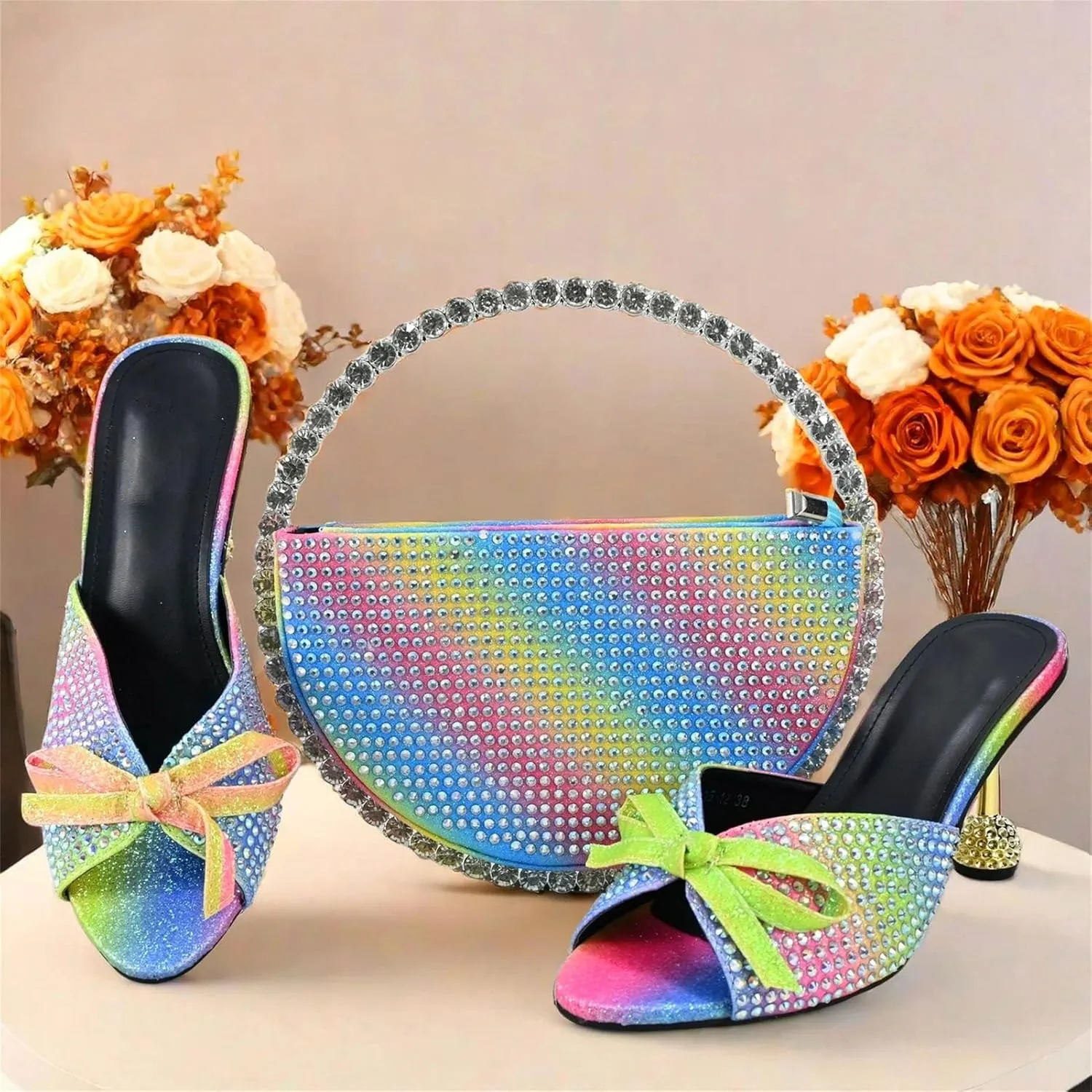 Women's Silver Crystal Party Set - Italian Hollow Heel Sandals & Mirror-Finish Clutch for Evening Glamour