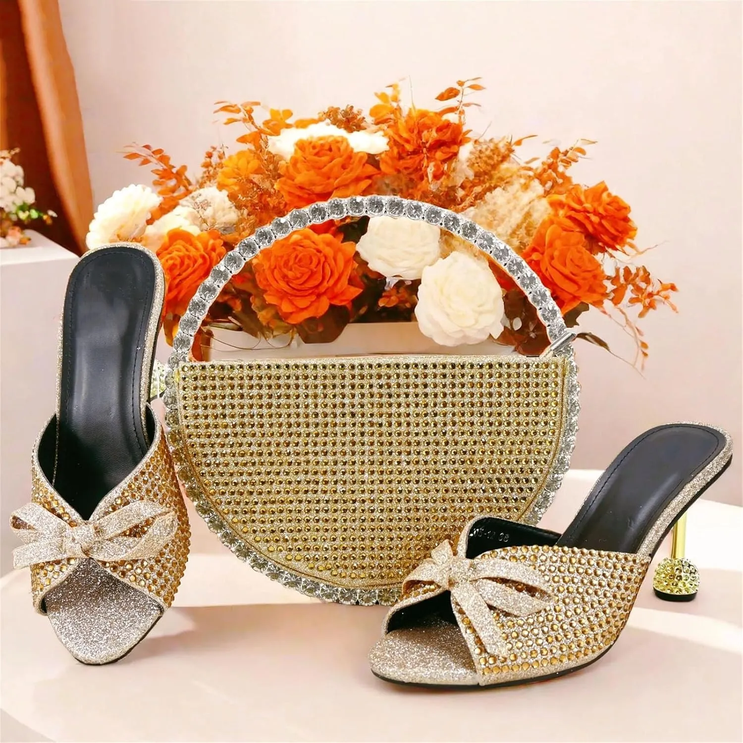 Women's Silver Crystal Party Set - Italian Hollow Heel Sandals & Mirror-Finish Clutch for Evening Glamour