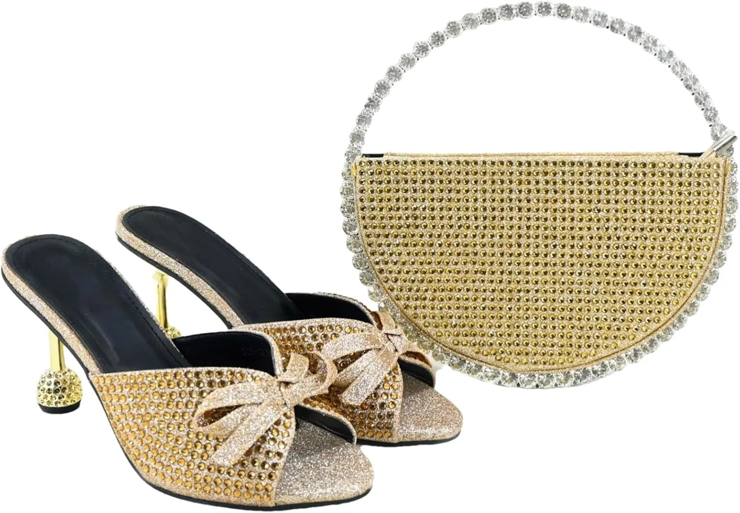 Women's Silver Crystal Party Set - Italian Hollow Heel Sandals & Mirror-Finish Clutch for Evening Glamour