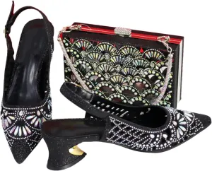 Women's Silver Nigerian-Italian Set - Artisan-Crafted Stilettos & Diamond-Clasp Clutch for Wedding Receptions