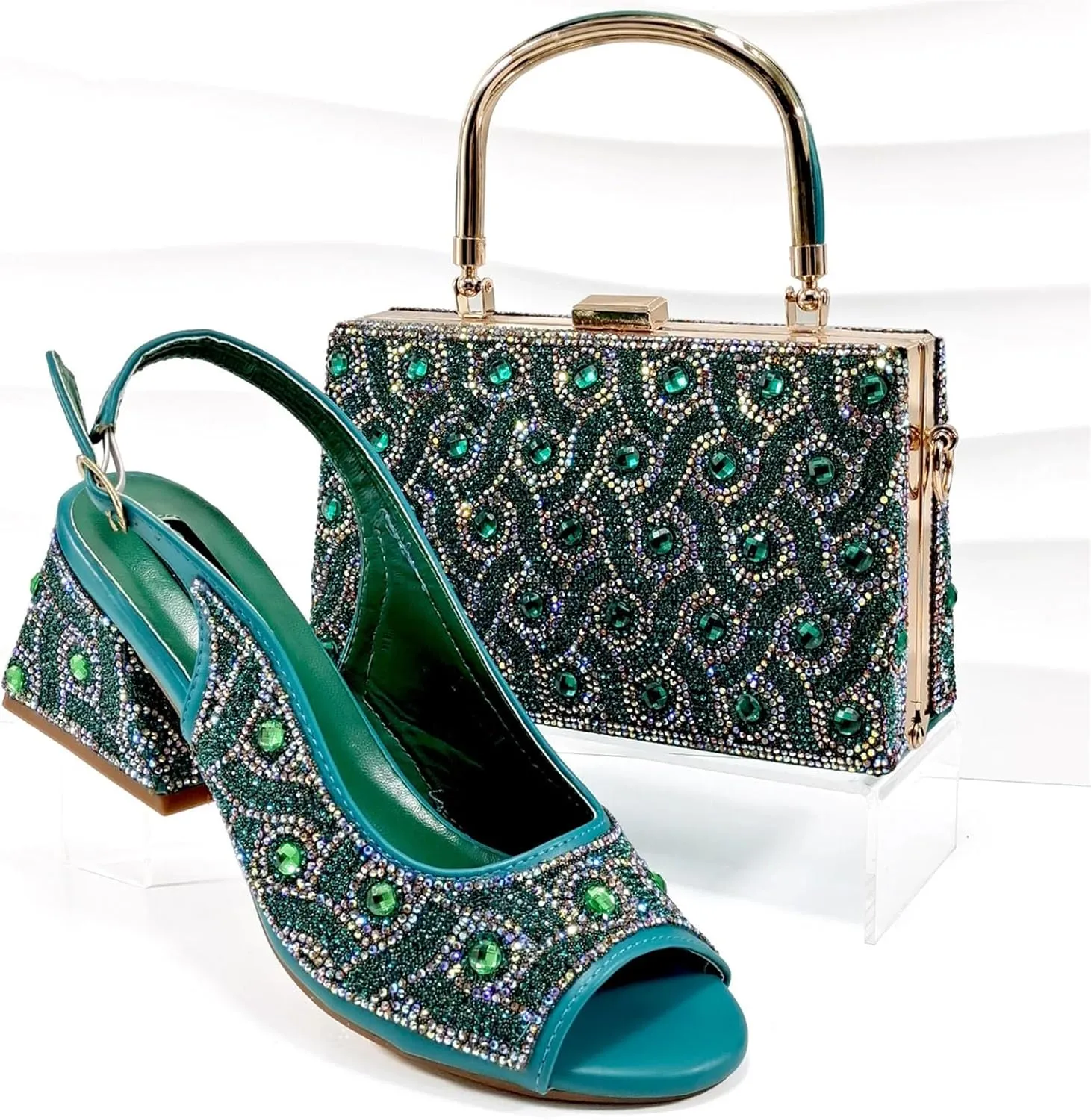 Women's Silver Square Heel Italian Shoes & Clutch - Comfortable Party Set