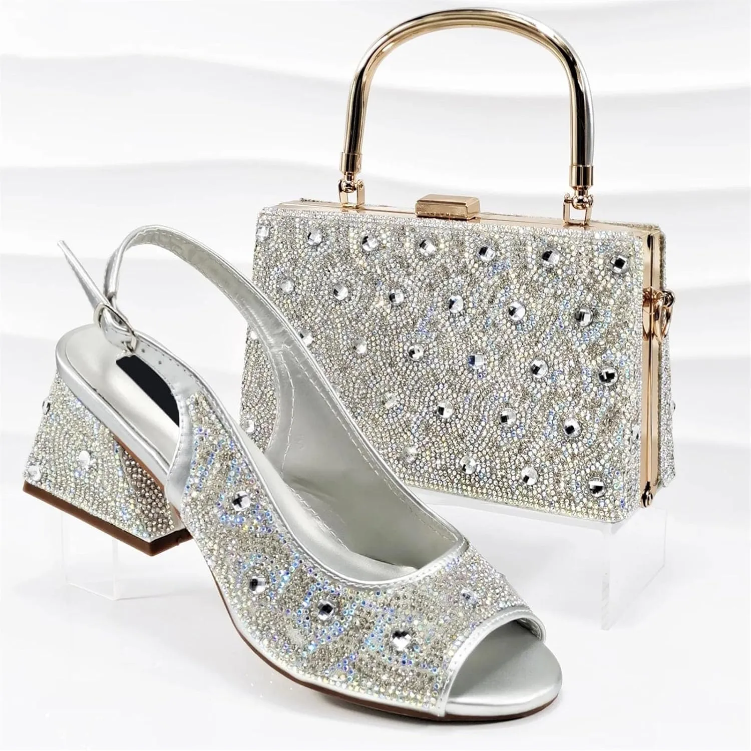 Women's Silver Square Heel Italian Shoes & Clutch - Comfortable Party Set