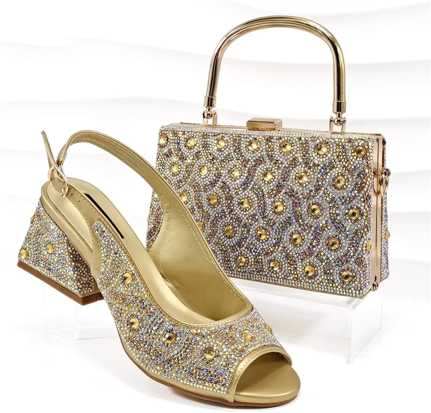 Women's Silver Square Heel Italian Shoes & Clutch - Comfortable Party Set