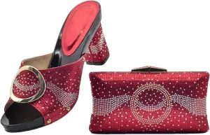 Women's Wide Heel African Shoe & Bag Set - Rhinestone Pumps & Clutch for Nigerian Weddings and Parties