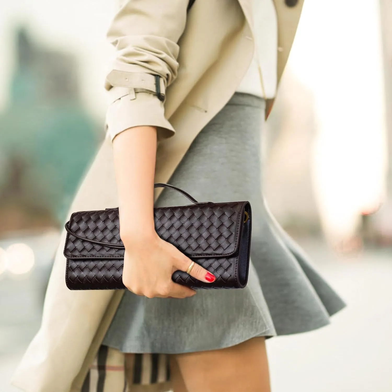 Woven Clutch Purse Ladies Top Handle Handbag Leather Crossbody Shoulder Bag with Detachable Strap
