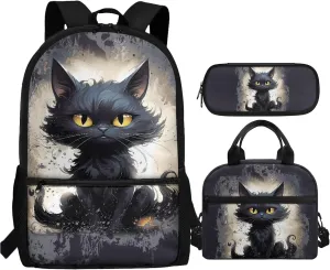 Xhuibop Black Cat Backpack with Lunch Box Elementary School Book Bag for Girls 12-13/8-9 Kids Bookbag and Lunch Bag Children School Bag Set of 3 Boys Zipper Pencil Case