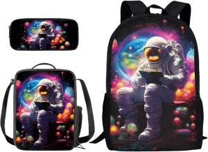 Xoenoiee Astronaut Colored Paint Pattern Kids Backpacks for Middle School, Lightweight Bookbag Water Resistant with Lunch Pack Pencil Bag 3pcs