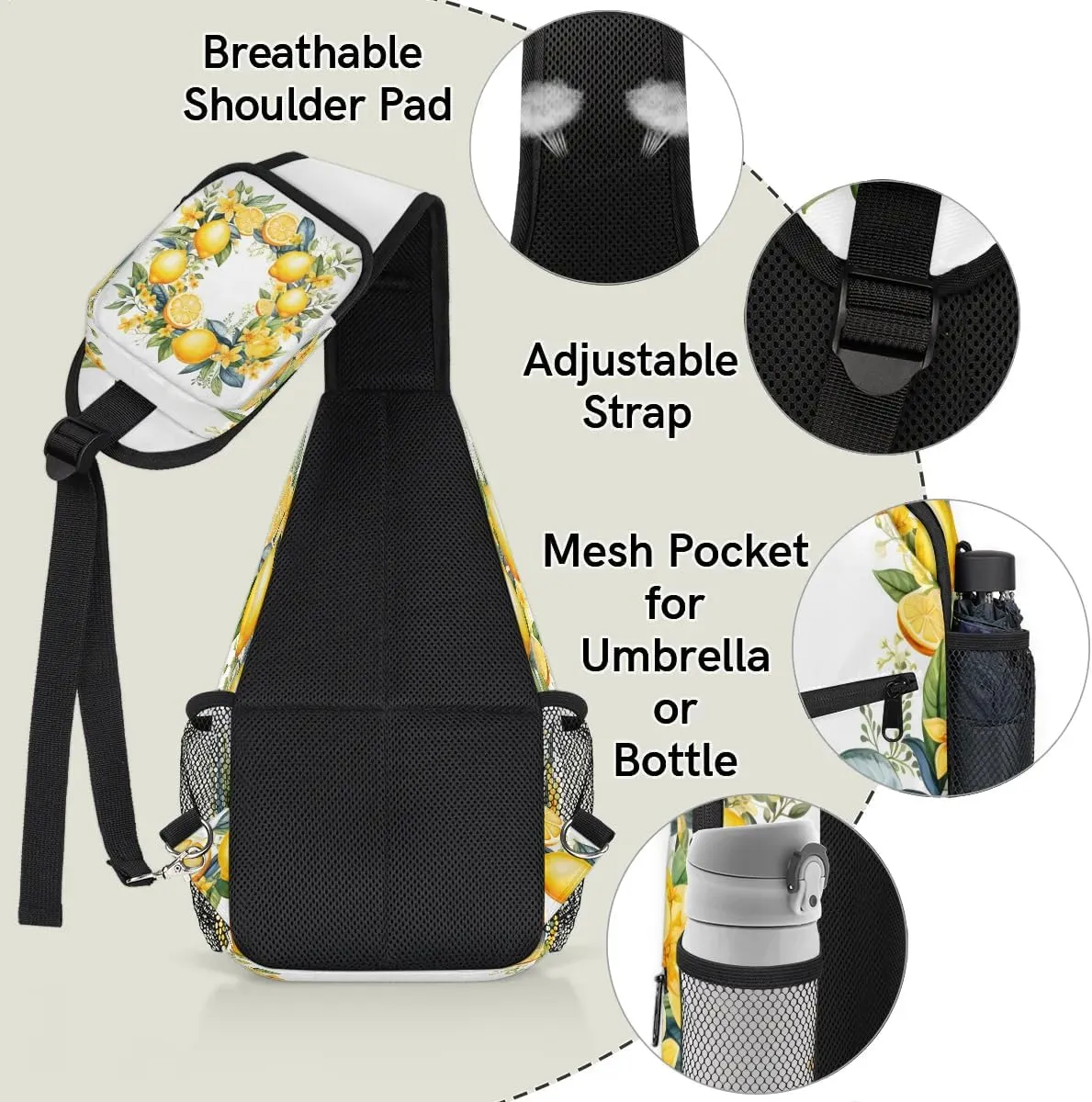 Yellow Lemon Floral Flower Sling Bag for Women Men, Waterproof Crossbody Sling Backpack Sports Travel Outdoor Chest Bag