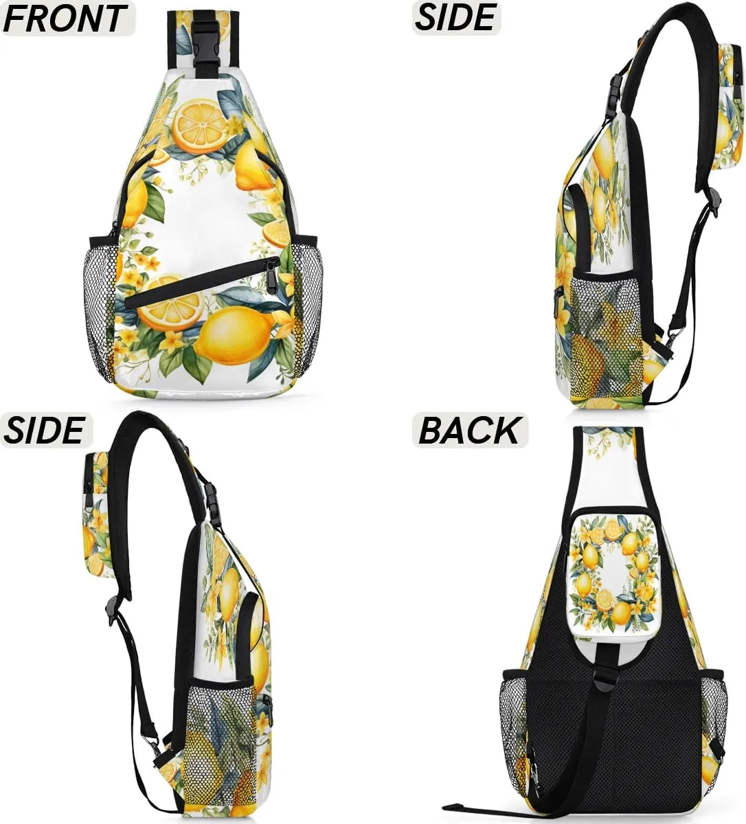 Yellow Lemon Floral Flower Sling Bag for Women Men, Waterproof Crossbody Sling Backpack Sports Travel Outdoor Chest Bag