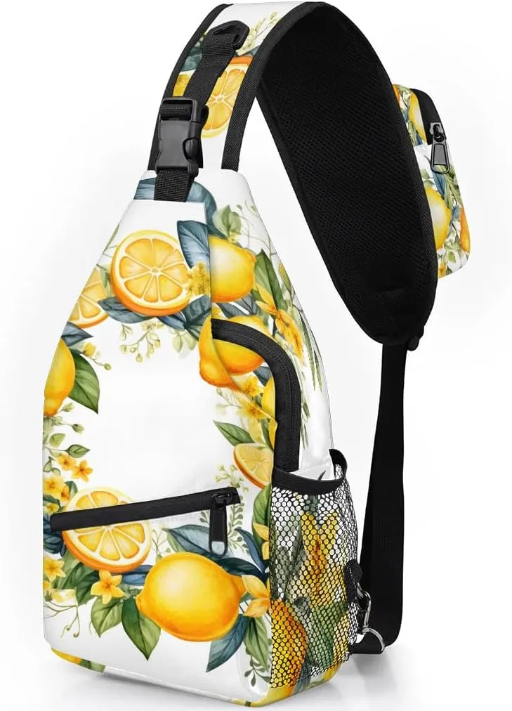 Yellow Lemon Floral Flower Sling Bag for Women Men, Waterproof Crossbody Sling Backpack Sports Travel Outdoor Chest Bag