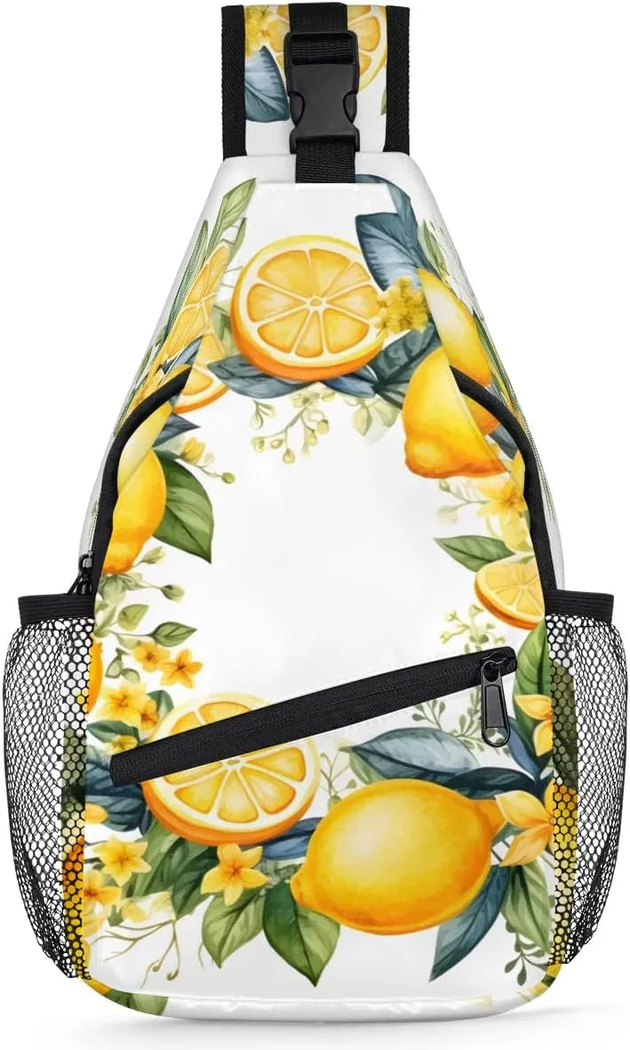 Yellow Lemon Floral Flower Sling Bag for Women Men, Waterproof Crossbody Sling Backpack Sports Travel Outdoor Chest Bag
