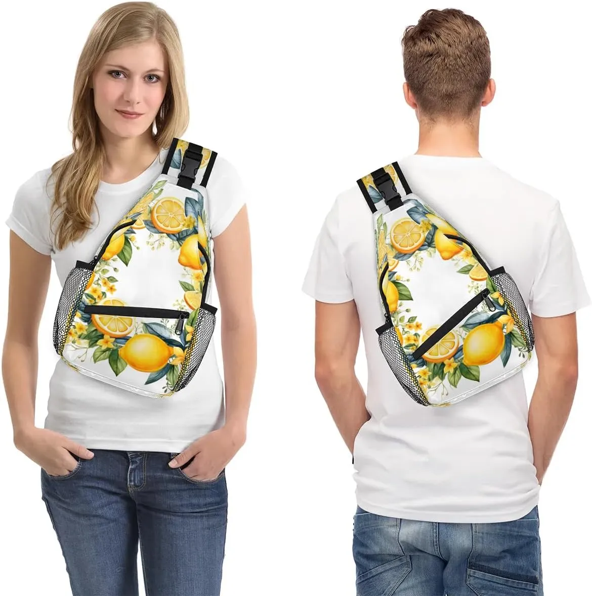 Yellow Lemon Floral Flower Sling Bag for Women Men, Waterproof Crossbody Sling Backpack Sports Travel Outdoor Chest Bag