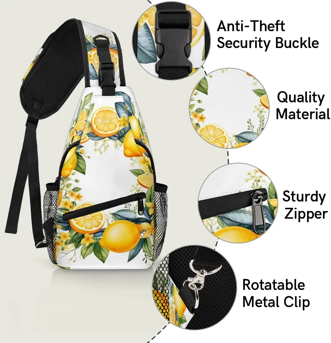 Yellow Lemon Floral Flower Sling Bag for Women Men, Waterproof Crossbody Sling Backpack Sports Travel Outdoor Chest Bag