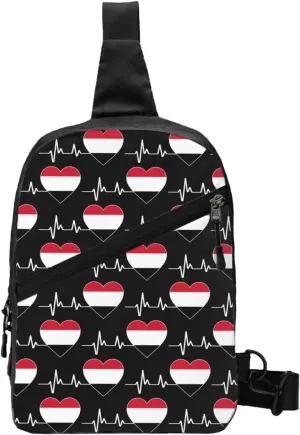 Yemen Yemeni Yemenian Flag Hearts Beats Crossbody Bag Portable Sling Bags Foldable Chest Daypack Reusable Sports Shoulder Backpack Diagonally Casual Rucksack Travel Bag