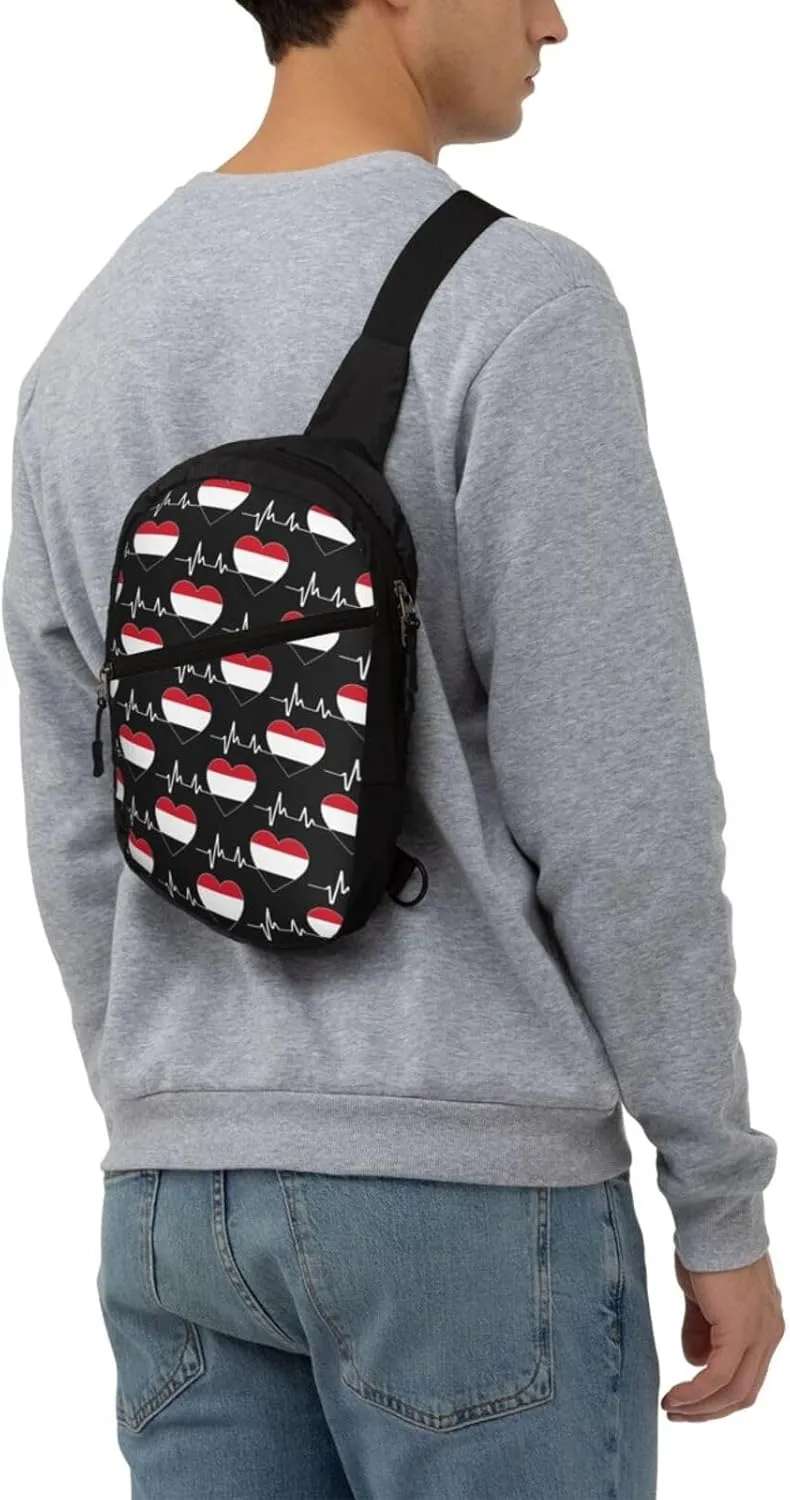 Yemen Yemeni Yemenian Flag Hearts Beats Crossbody Bag Portable Sling Bags Foldable Chest Daypack Reusable Sports Shoulder Backpack Diagonally Casual Rucksack Travel Bag