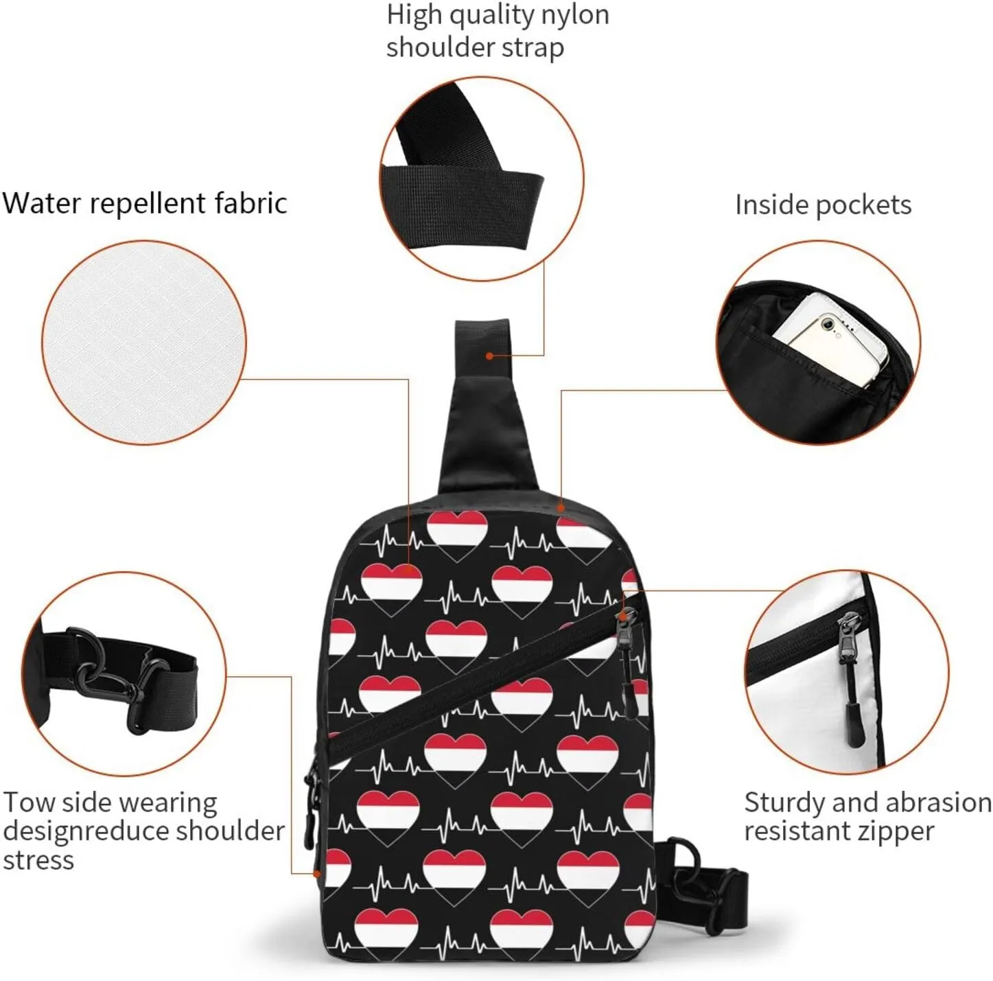 Yemen Yemeni Yemenian Flag Hearts Beats Crossbody Bag Portable Sling Bags Foldable Chest Daypack Reusable Sports Shoulder Backpack Diagonally Casual Rucksack Travel Bag