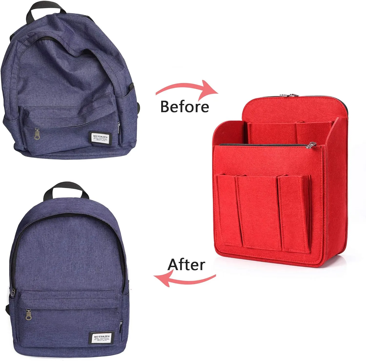 Yoillione Felt Backpack Organizer Insert for Women and Men, Large Travel Rucksack Insert with High Capacity, Lightweight Bag Organizer with Zipper Pockets
