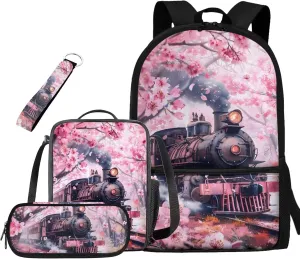 Ystardream School Bag and Lunch Box Set Kids Girls Bookbag 10-12 Years Old Backpack Purse for Women Middle School Bookbag with Pencil Case Key Chain Schoolbags Rucksack Child Cherry Blossom Train