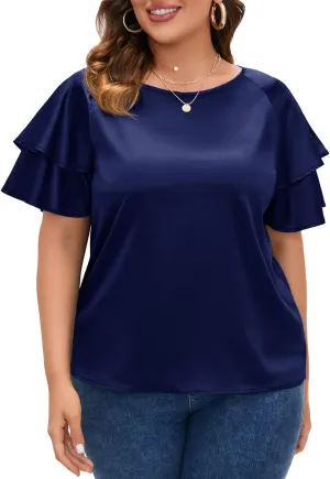 ZOMVA Women's 2024 Plus Size Satin Blouse Short Ruffle Sleeves Silk Top Dressy Shirt Office Elegant