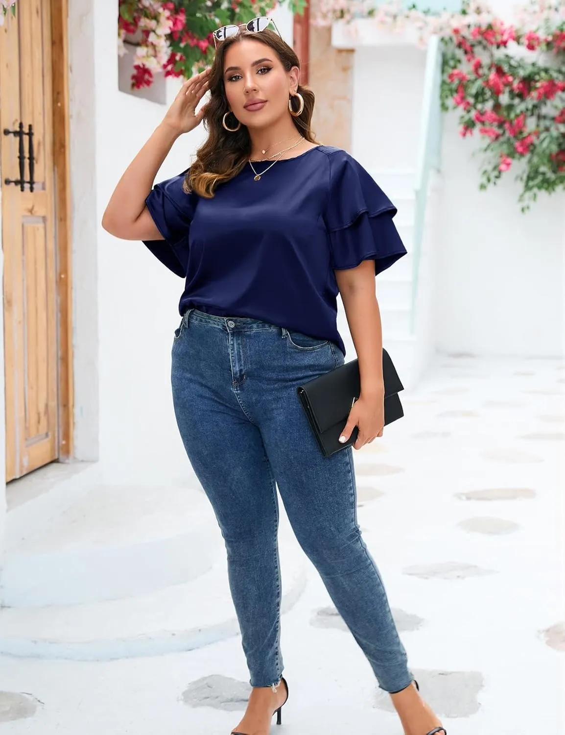 ZOMVA Women's 2024 Plus Size Satin Blouse Short Ruffle Sleeves Silk Top Dressy Shirt Office Elegant