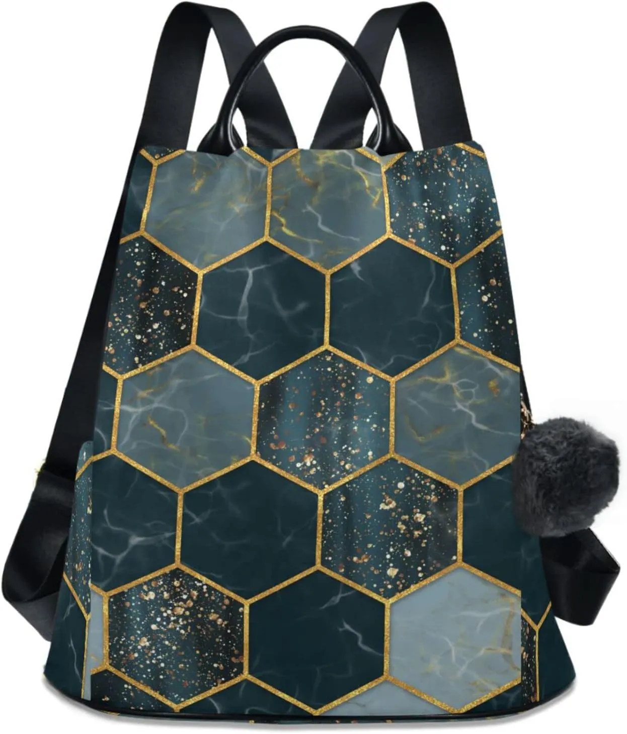 ZZKKO Marble Hexagon Golden Backpack Purse for Women Rucksack Anti Theft Fashion Travel Lightweight Ladies Shoulder Bag